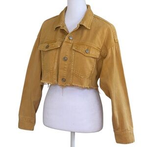PacSun Mustard Yellow Cropped Jean Jacket Women’s Sz XS Raw Frayed Hem Denim